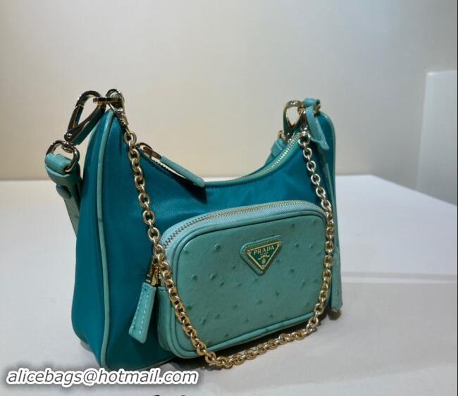 Top Grade Prada Re-Nylon and Ostrich-Like leather mini-bag 1BC198 Green 2023