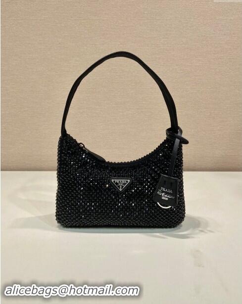 Luxury Cheap Prada Re-Edition 2000 Crystal Mini Hobo Bag 1NE515 All Black 2024