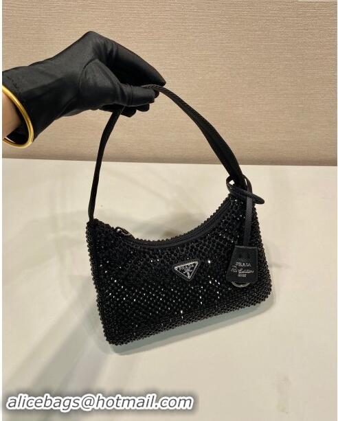 Luxury Cheap Prada Re-Edition 2000 Crystal Mini Hobo Bag 1NE515 All Black 2024