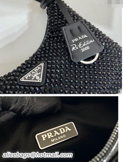 Luxury Cheap Prada Re-Edition 2000 Crystal Mini Hobo Bag 1NE515 All Black 2024