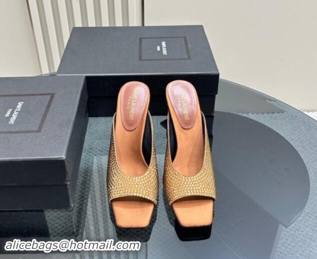 Durable Saint Laurent SEPT Mules in Satin Crepe and Rhinestones 11cm Heel Brown 082925