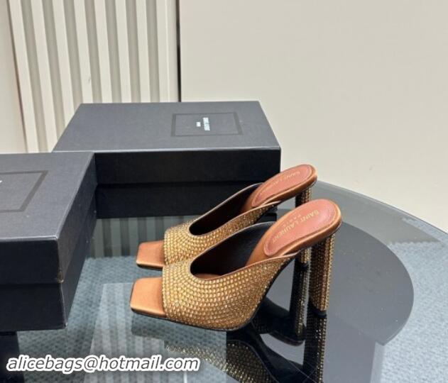 Durable Saint Laurent SEPT Mules in Satin Crepe and Rhinestones 11cm Heel Brown 082925