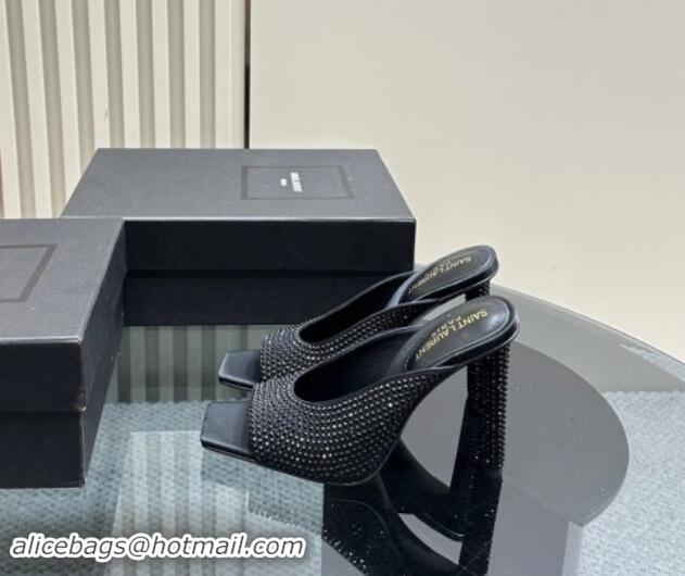 Best Price Saint Laurent SEPT Mules in Satin Crepe and Rhinestones 11cm Heel Black 082926