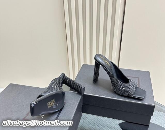 Best Price Saint Laurent SEPT Mules in Satin Crepe and Rhinestones 11cm Heel Black 082926