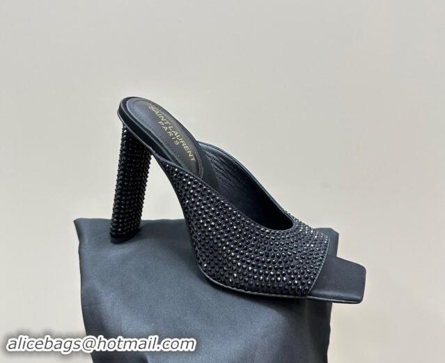 Best Price Saint Laurent SEPT Mules in Satin Crepe and Rhinestones 11cm Heel Black 082926