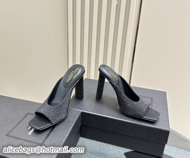 Best Price Saint Laurent SEPT Mules in Satin Crepe and Rhinestones 11cm Heel Black 082926