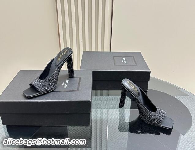 Best Price Saint Laurent SEPT Mules in Satin Crepe and Rhinestones 11cm Heel Black 082926