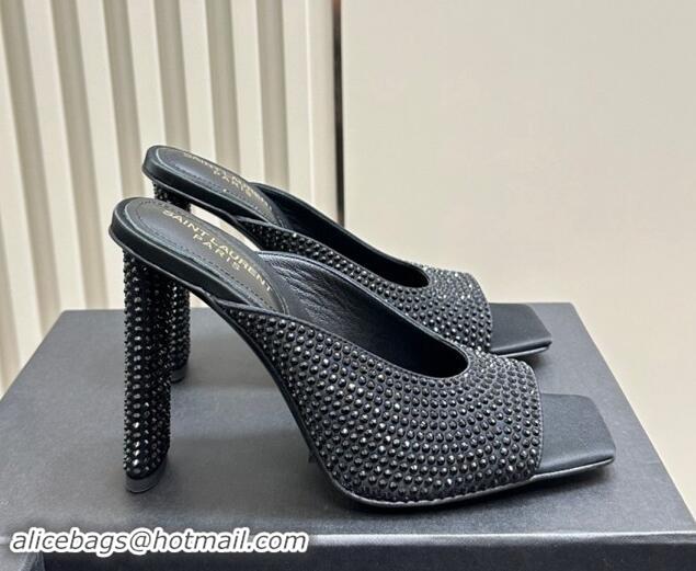 Best Price Saint Laurent SEPT Mules in Satin Crepe and Rhinestones 11cm Heel Black 082926