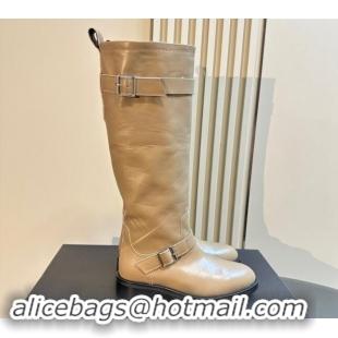 Luxurious Saint Laurent River High Boots 2.5cm with Buckle in Calf Leather Beige 009109