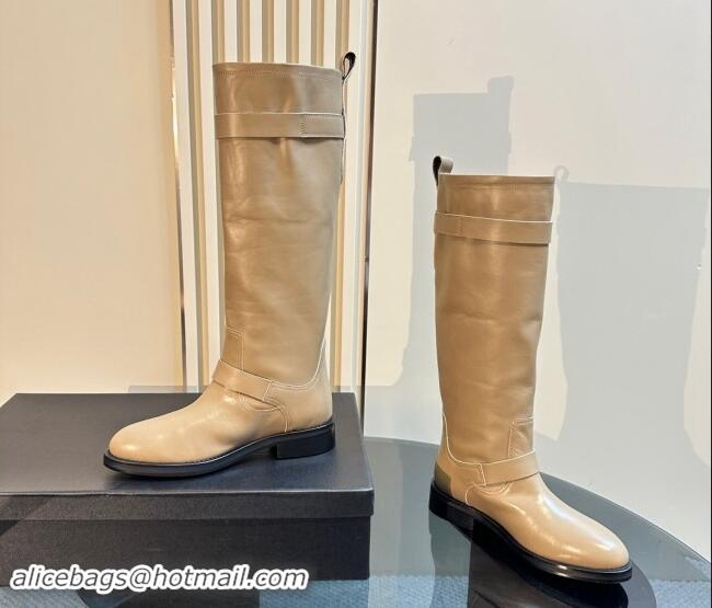 Luxurious Saint Laurent River High Boots 2.5cm with Buckle in Calf Leather Beige 009109