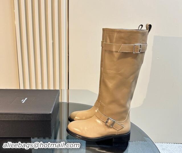 Luxurious Saint Laurent River High Boots 2.5cm with Buckle in Calf Leather Beige 009109