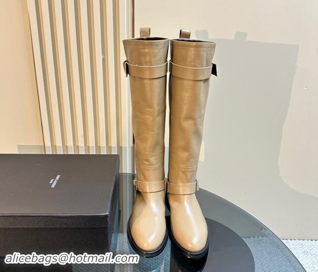 Luxurious Saint Laurent River High Boots 2.5cm with Buckle in Calf Leather Beige 009109