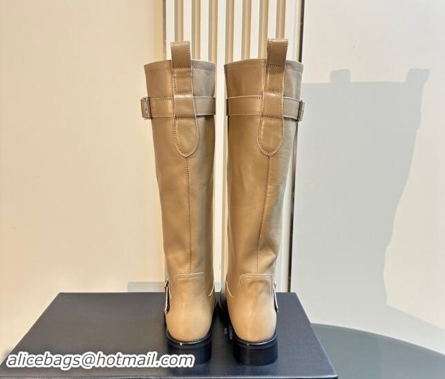 Luxurious Saint Laurent River High Boots 2.5cm with Buckle in Calf Leather Beige 009109