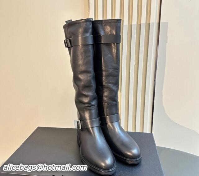 Classic Hot Saint Laurent River High Boots 2.5cm with Buckle in Calf Leather Black 009110