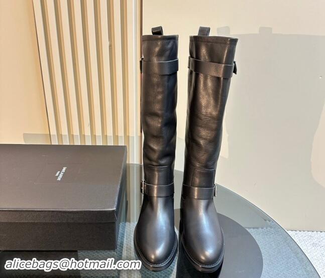 Classic Hot Saint Laurent River High Boots 2.5cm with Buckle in Calf Leather Black 009110