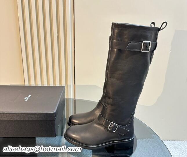 Classic Hot Saint Laurent River High Boots 2.5cm with Buckle in Calf Leather Black 009110