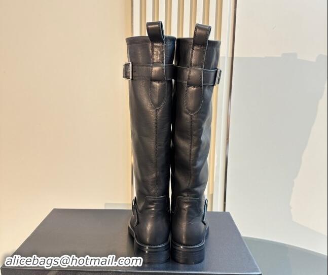 Classic Hot Saint Laurent River High Boots 2.5cm with Buckle in Calf Leather Black 009110