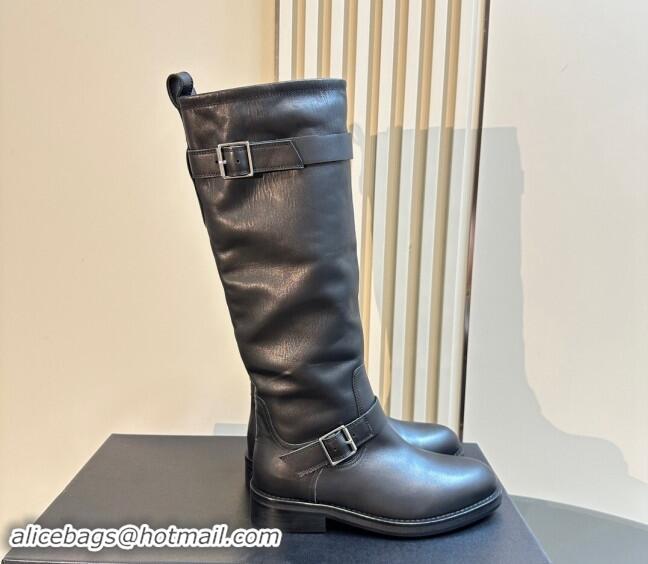 Classic Hot Saint Laurent River High Boots 2.5cm with Buckle in Calf Leather Black 009110