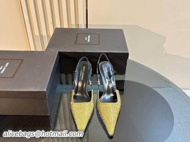 Popular Style Saint Laurent Slingback Pumps 7cm in Strass and Satin Gold 009111