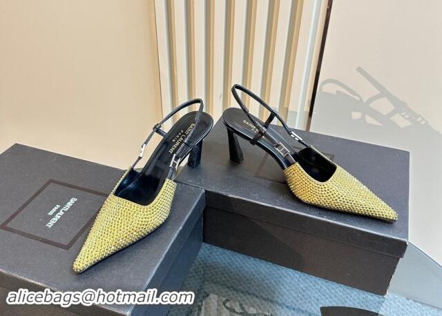 Popular Style Saint Laurent Slingback Pumps 7cm in Strass and Satin Gold 009111