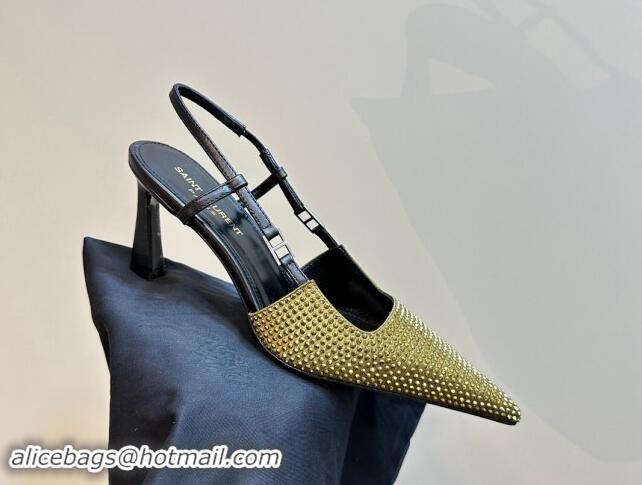 Popular Style Saint Laurent Slingback Pumps 7cm in Strass and Satin Gold 009111