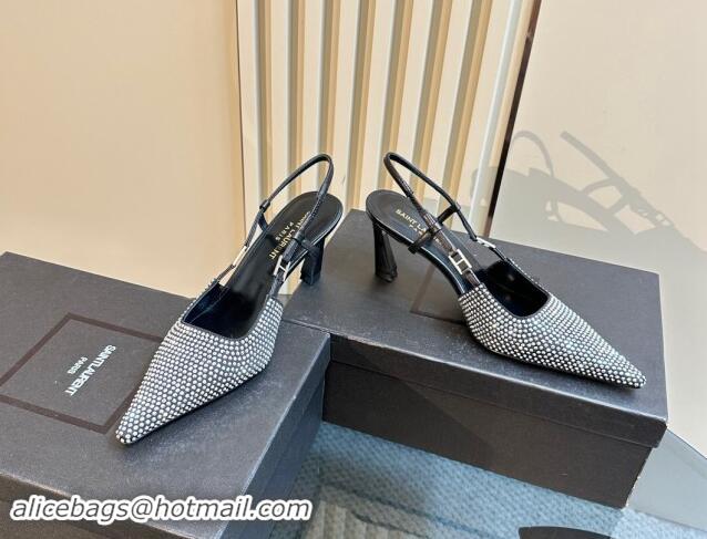 Perfect Saint Laurent Slingback Pumps 7cm in Strass and Satin Silver 009112