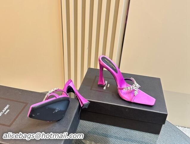 Good Looking Saint Laurent Liz Heel Slides Sandals 10.5cm in Satin and Strass Charm Purple 009113