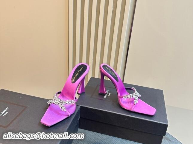 Good Looking Saint Laurent Liz Heel Slides Sandals 10.5cm in Satin and Strass Charm Purple 009113