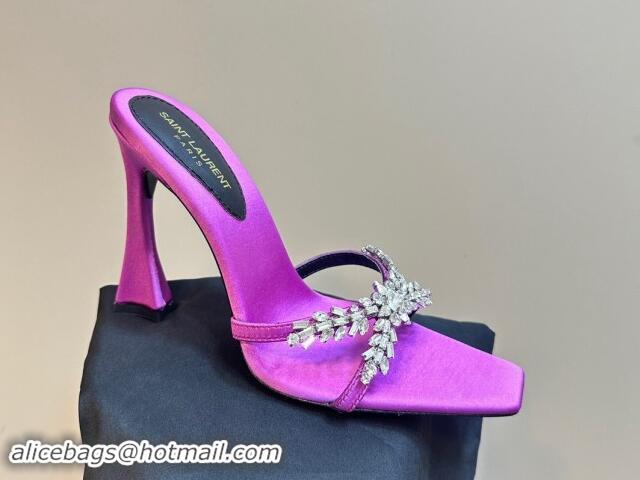 Good Looking Saint Laurent Liz Heel Slides Sandals 10.5cm in Satin and Strass Charm Purple 009113