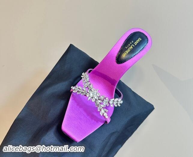 Good Looking Saint Laurent Liz Heel Slides Sandals 10.5cm in Satin and Strass Charm Purple 009113