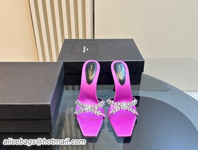 Good Looking Saint Laurent Liz Heel Slides Sandals 10.5cm in Satin and Strass Charm Purple 009113