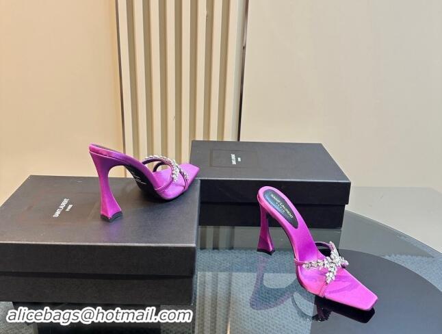 Good Looking Saint Laurent Liz Heel Slides Sandals 10.5cm in Satin and Strass Charm Purple 009113