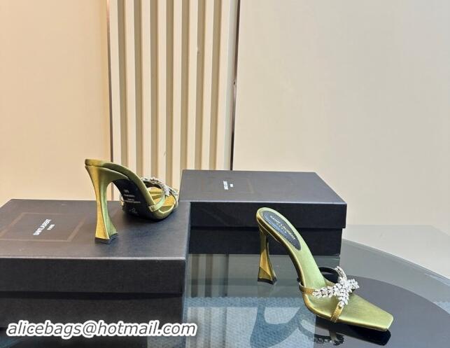 Shop Duplicate Saint Laurent Liz Heel Slides Sandals 10.5cm in Satin and Strass Charm Green 009114