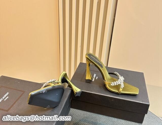 Shop Duplicate Saint Laurent Liz Heel Slides Sandals 10.5cm in Satin and Strass Charm Green 009114