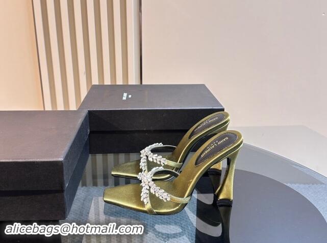 Shop Duplicate Saint Laurent Liz Heel Slides Sandals 10.5cm in Satin and Strass Charm Green 009114