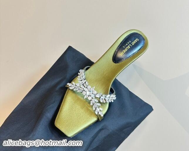 Shop Duplicate Saint Laurent Liz Heel Slides Sandals 10.5cm in Satin and Strass Charm Green 009114