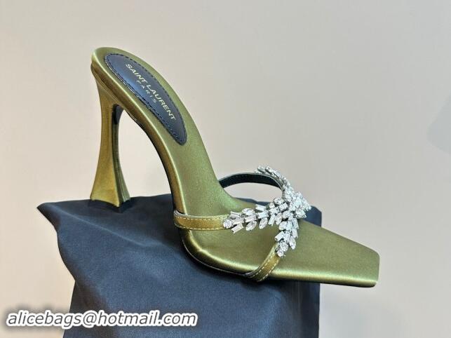 Shop Duplicate Saint Laurent Liz Heel Slides Sandals 10.5cm in Satin and Strass Charm Green 009114