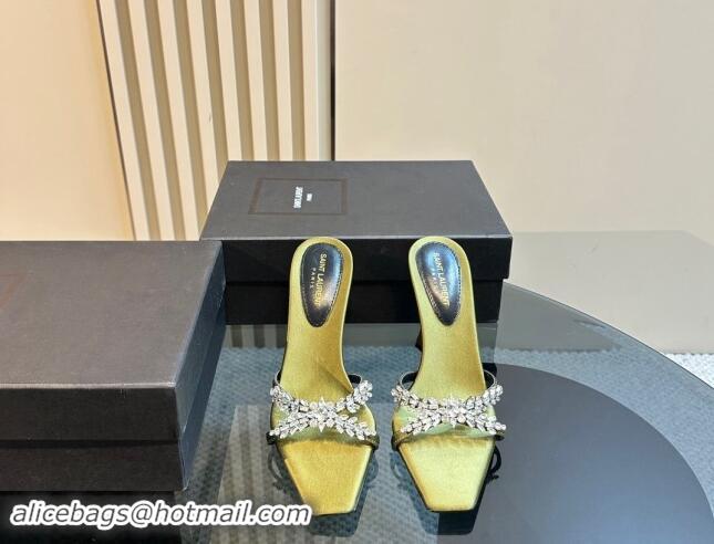 Shop Duplicate Saint Laurent Liz Heel Slides Sandals 10.5cm in Satin and Strass Charm Green 009114