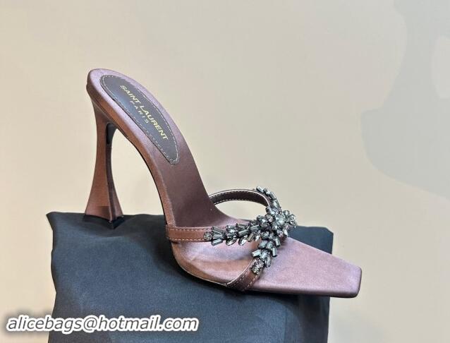 Good Quality Saint Laurent Liz Heel Slides Sandals 10.5cm in Satin and Strass Charm Grey 009115