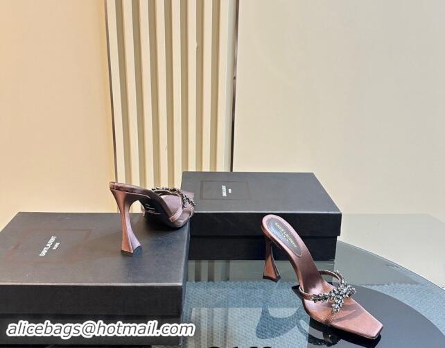 Good Quality Saint Laurent Liz Heel Slides Sandals 10.5cm in Satin and Strass Charm Grey 009115