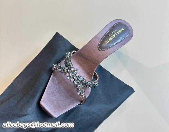 Good Quality Saint Laurent Liz Heel Slides Sandals 10.5cm in Satin and Strass Charm Grey 009115