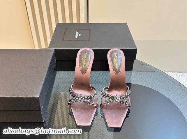 Good Quality Saint Laurent Liz Heel Slides Sandals 10.5cm in Satin and Strass Charm Grey 009115