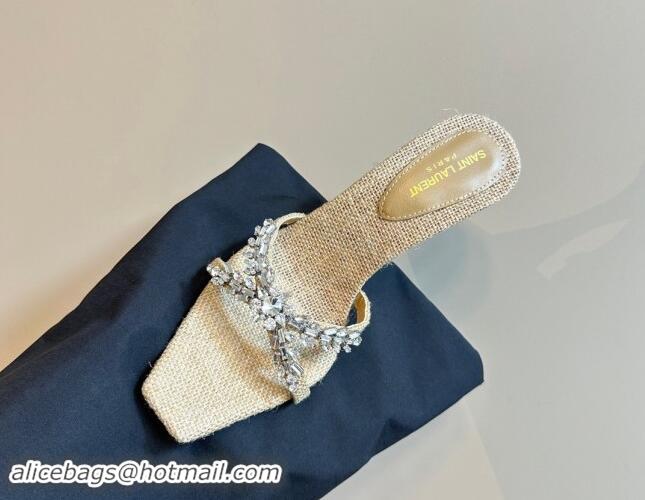 Grade Quality Saint Laurent Liz Heel Slides Sandals 10.5cm in Texture and Strass Charm Beige 1009116