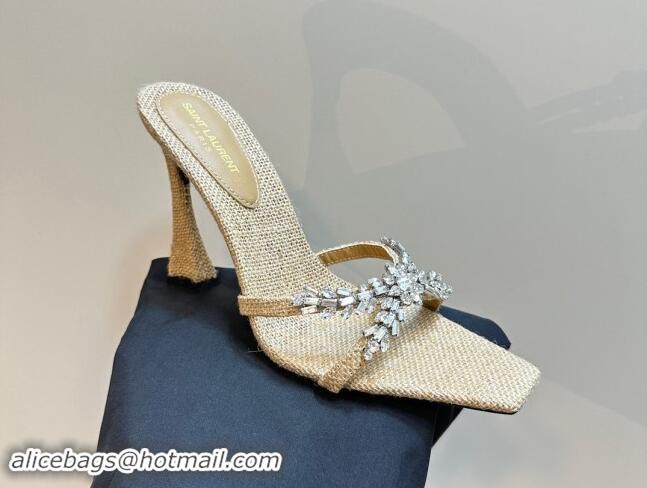 Grade Quality Saint Laurent Liz Heel Slides Sandals 10.5cm in Texture and Strass Charm Beige 1009116