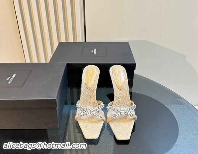 Grade Quality Saint Laurent Liz Heel Slides Sandals 10.5cm in Texture and Strass Charm Beige 1009116