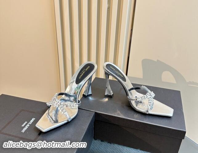 Low Cost Saint Laurent Liz Heel Slides Sandals 10.5cm in Leather and Strass Charm Silver 1009117