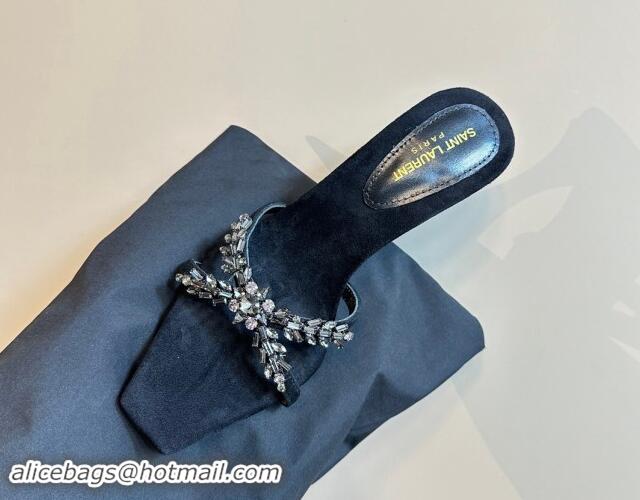 Low Price Saint Laurent Liz Heel Slides Sandals 10.5cm in Suede and Strass Charm Black 1009118