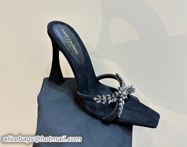 Low Price Saint Laurent Liz Heel Slides Sandals 10.5cm in Suede and Strass Charm Black 1009118