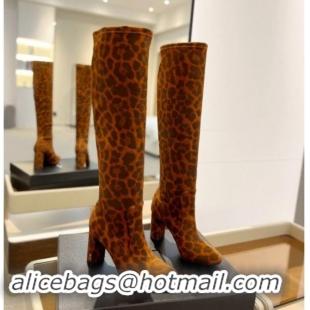 Classic Hot Saint Laurent Stretch High Boots 9.5cm in Leopard-print Suede Yellow 1009119