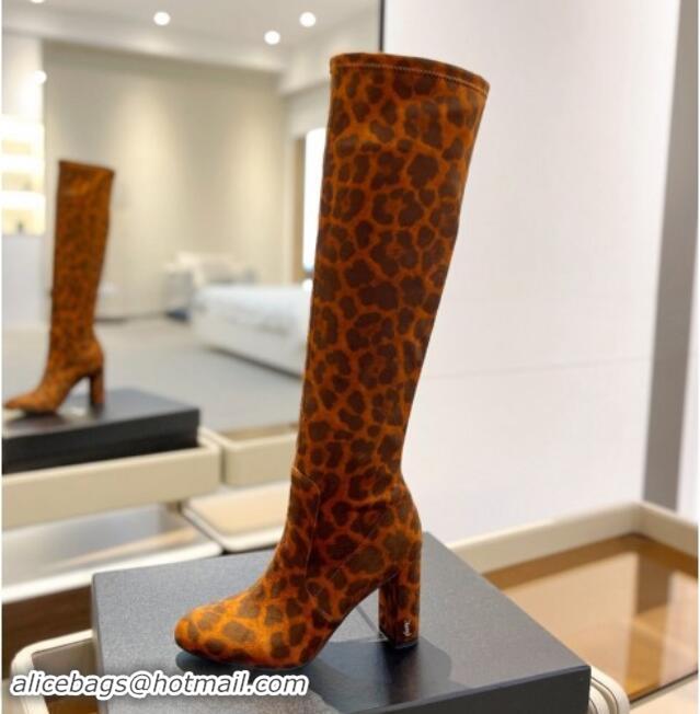 Classic Hot Saint Laurent Stretch High Boots 9.5cm in Leopard-print Suede Yellow 1009119